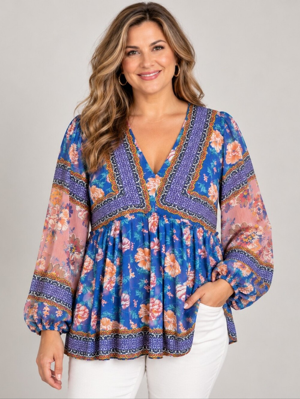 Feathers by Tolani Floral Border Print Boho Tunic Top Large A335